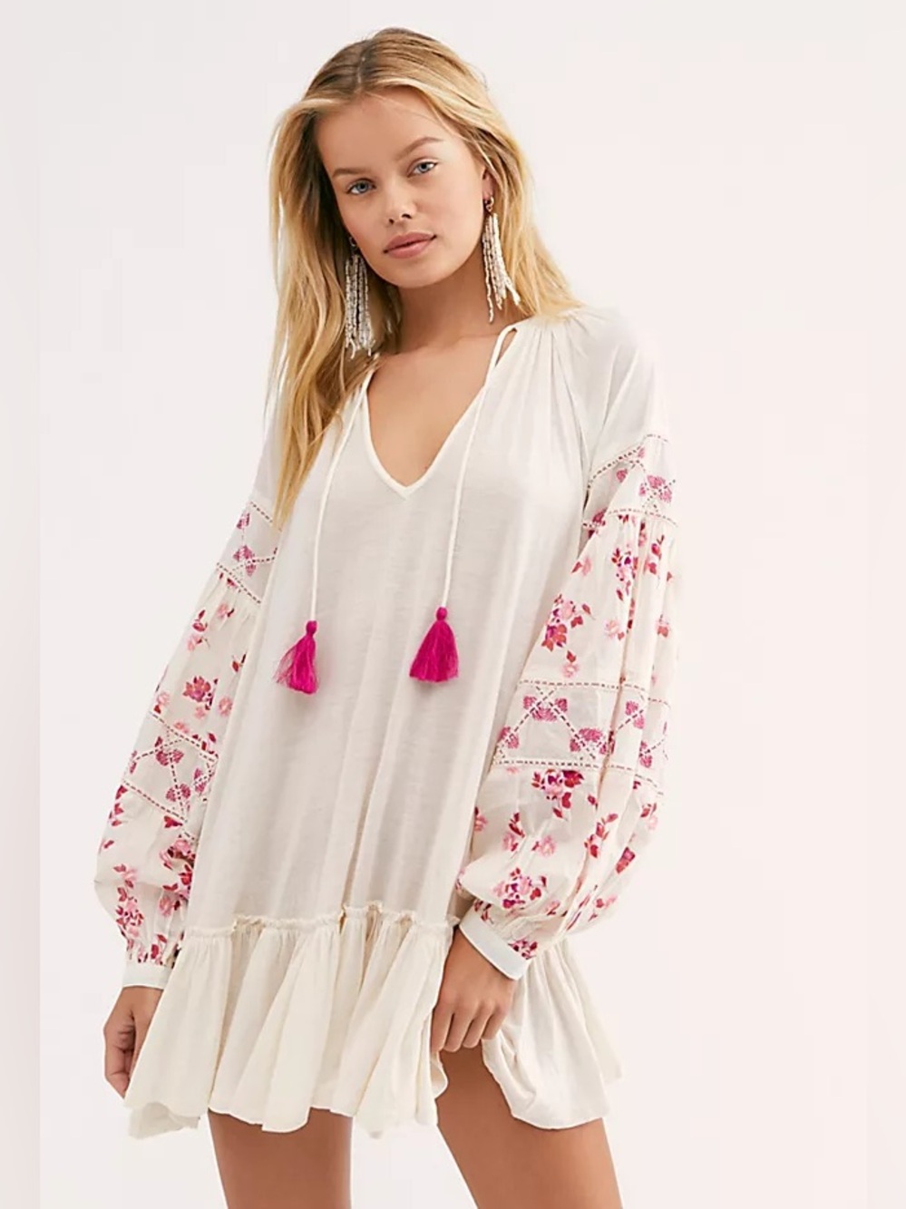 Free People Cream Tunic Dress with Pink Tassels and Floral Beaded Sleeves